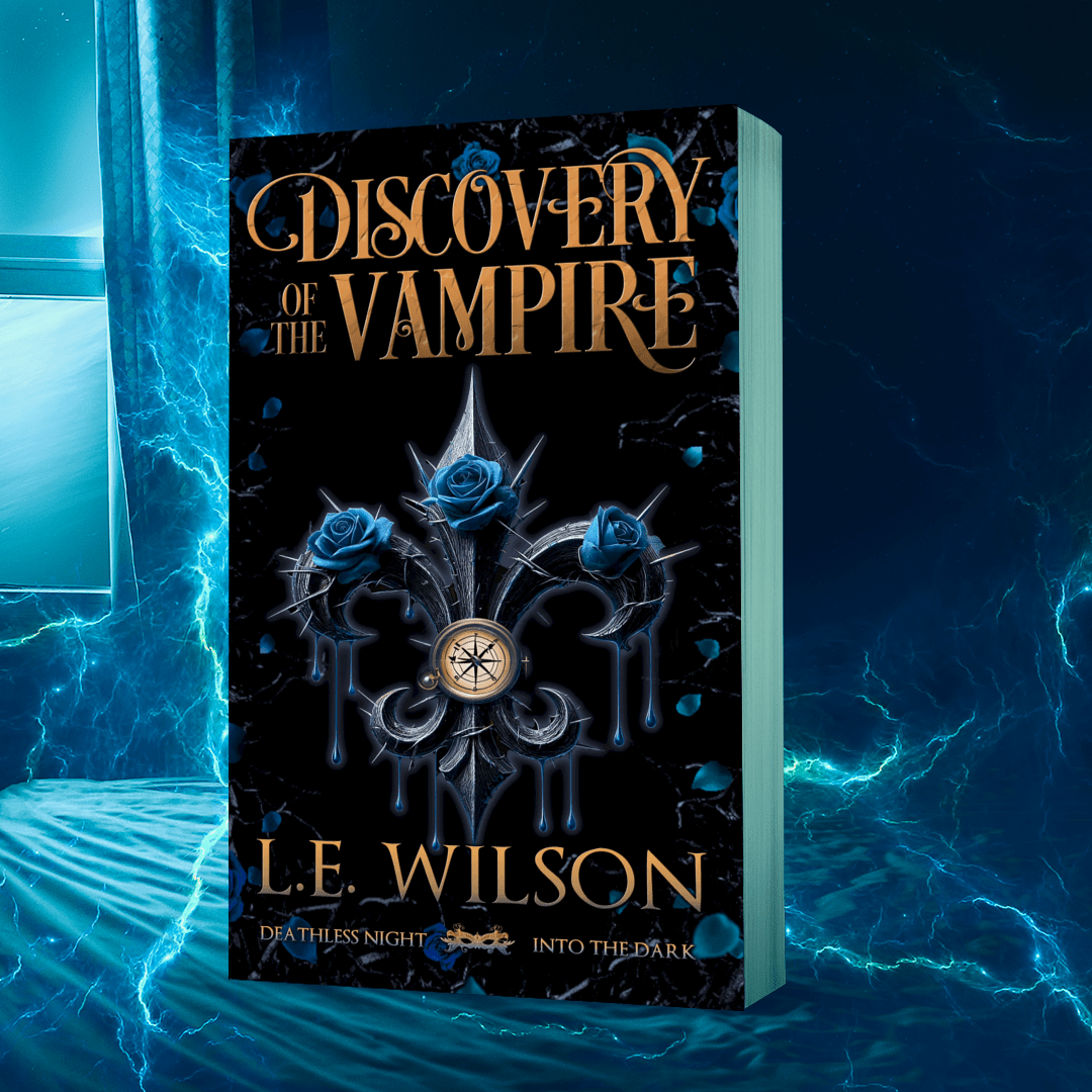 Book titled 'Discovery of the Vampire' by L.E. Wilson on a dark background with blue lighting effects.