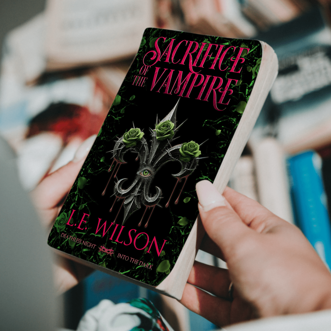 Book titled 'Sacrifice of the Vampire' by L.E. Wilson held by a person.