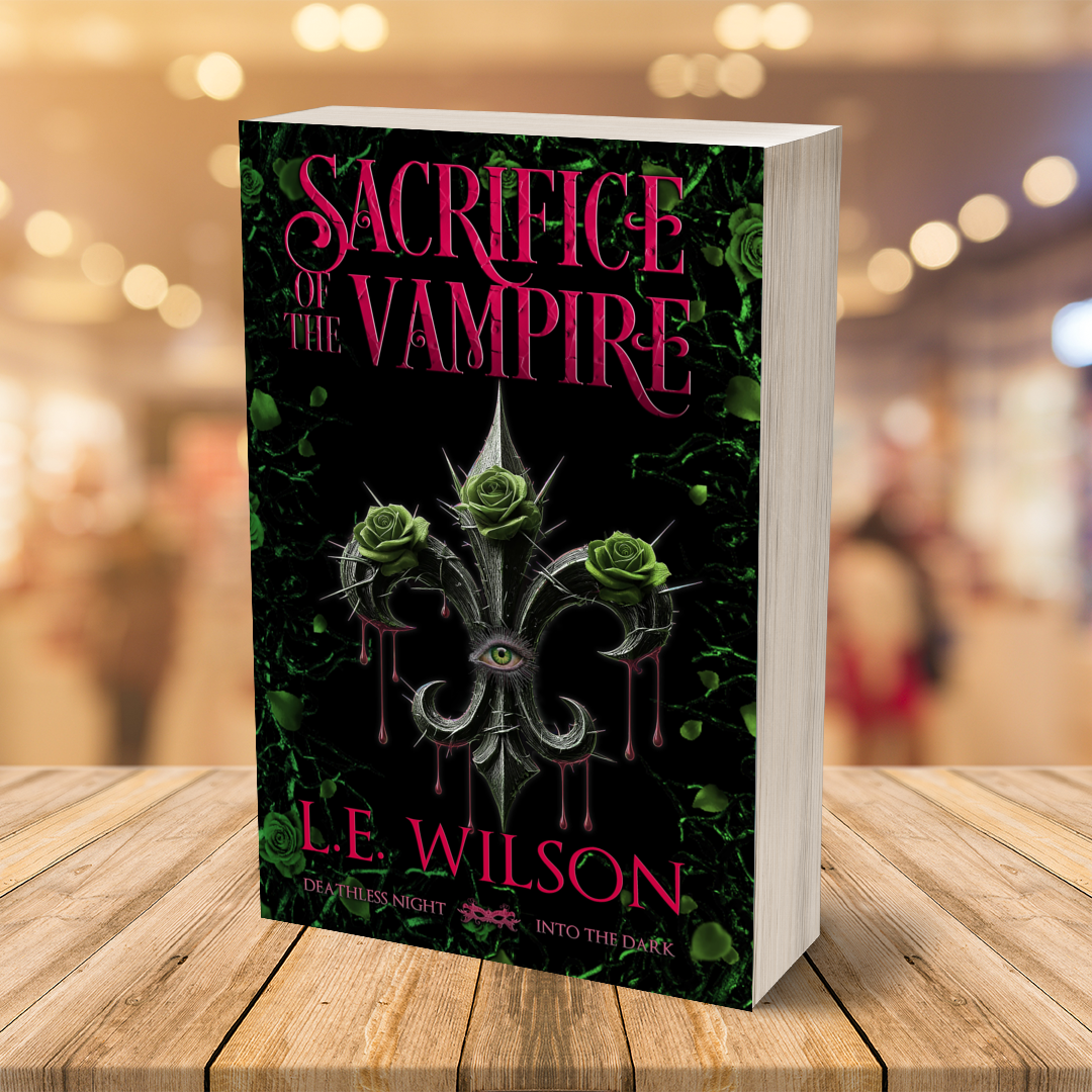 Book titled 'Sacrifice of the Vampire' by L.E. Wilson on a wooden surface with a blurred background