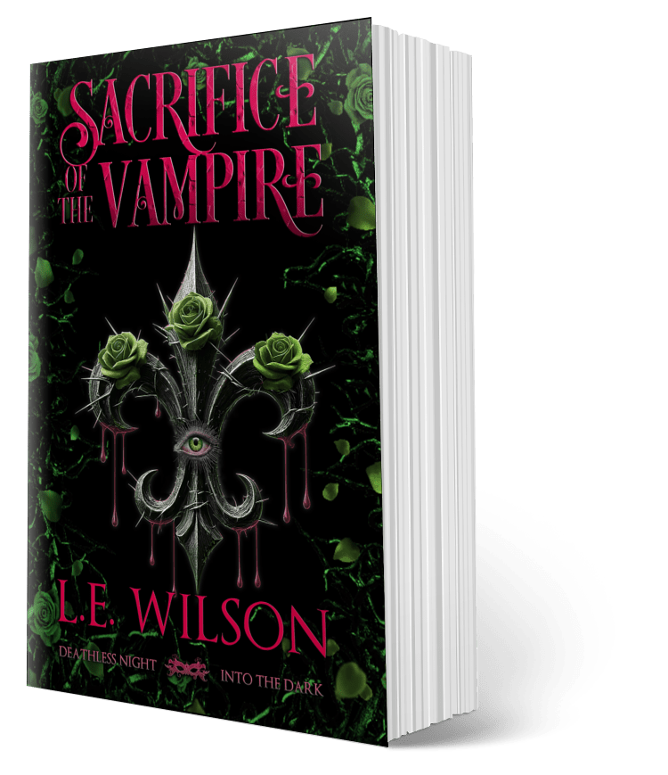 Book titled 'Sacrifice of the Vampire' by L.E. Wilson with a dark green background and vampire-romance