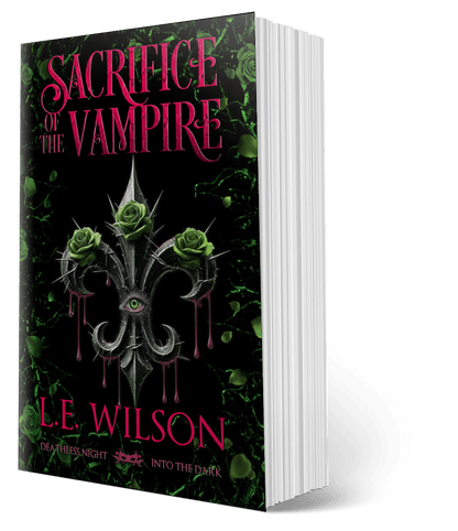 Book titled 'Sacrifice of the Vampire' by L.E. Wilson with a dark green background and vampire-romance